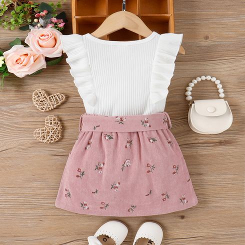 2pcs Toddler Girl Sweet Ruffled Sleeveless Tee and Floral Print Corduroy Skirt Set Pink big image 5