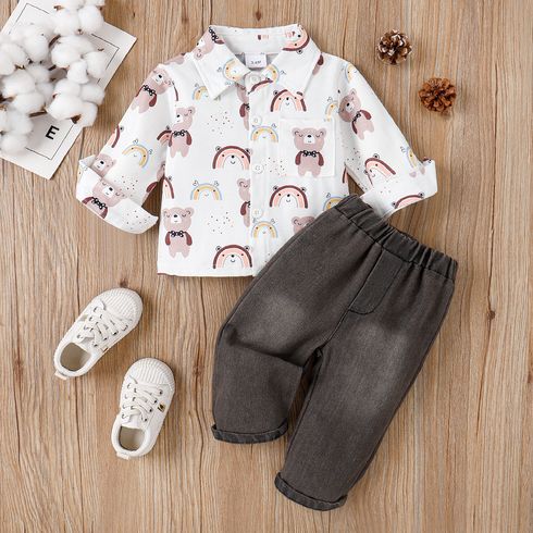 2pcs Baby Boy Allover Bear Print Long-sleeve Shirt & Jeans Set