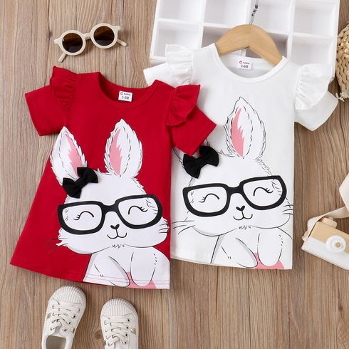 Baby Girl Rabbit Print Flutter-sleeve T-shirt Dress OffWhite big image 2