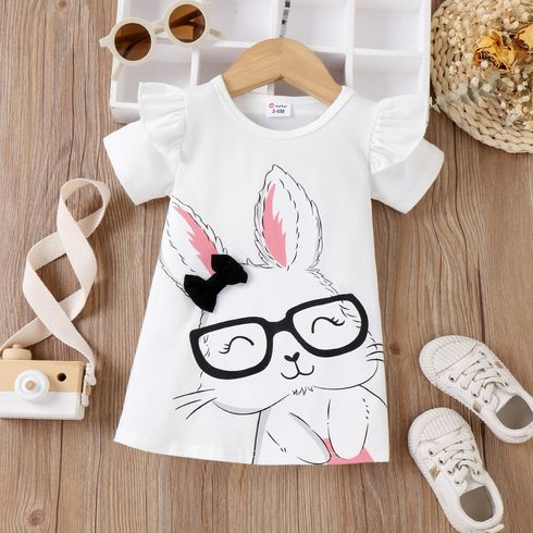 Baby Girl Rabbit Print Flutter-sleeve T-shirt Dress OffWhite big image 1