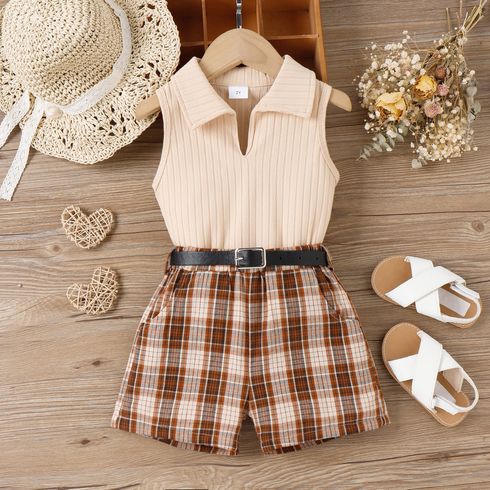 3pcs Toddler Girl Preppy style Lapel Collar Sleeveless Tee and Plaid Shorts & Belt Set