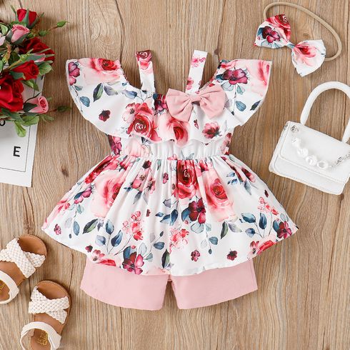 3pcs Baby Girl Allover Floral Print Ruffled Collar Sleeveless Top and Solid Shorts & Headband Set