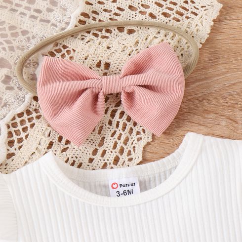 3pcs Baby Girl 95% Cotton Ribbed Ruffle Short-sleeve Tee and Bow Front Skirt & Headband Set Pink big image 4
