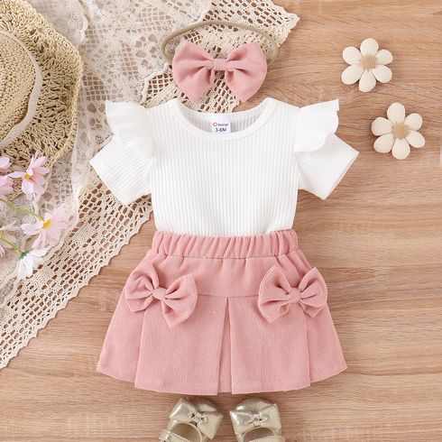 3pcs Baby Girl 95% Cotton Ribbed Ruffle Short-sleeve Tee and Bow Front Skirt & Headband Set