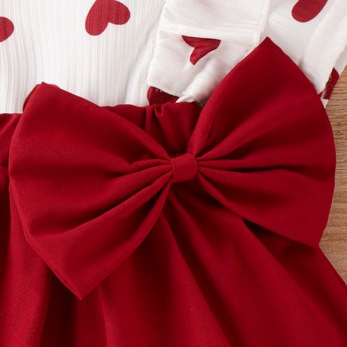 2pcs Baby Girl Heart Print Ruffled Short-sleeve Faux-two Bow Front Dress & Headband Set WineRed big image 5