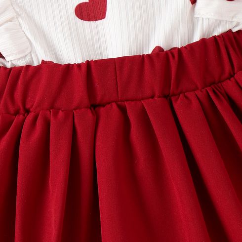 2pcs Baby Girl Heart Print Ruffled Short-sleeve Faux-two Bow Front Dress & Headband Set WineRed big image 7