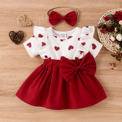 2pcs Baby Girl Heart Print Ruffled Short-sleeve Faux-two Bow Front Dress & Headband Set WineRed big image 1