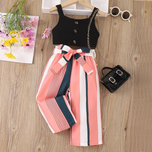 2pcs Toddler Girl Sweet Button Ribbed Crop Camisole and Stripe Belted Pants Set