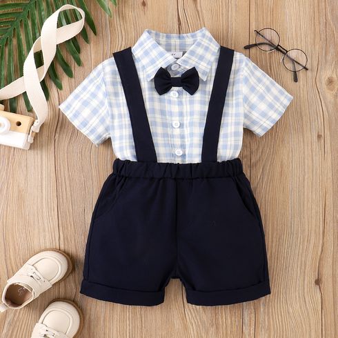 2pcs Toddler Boy Bow Tie Decor Plaid Shirt and Solid Suspender Shorts Set