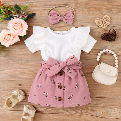 3pcs Baby Girl 95% Cotton Ribbed Ruffle Short-sleeve Tee and Floral Print Belted Skirt & Headband Set