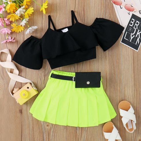 3pcs Toddler Girl Trendy Ruffled Cold Shoulder Cami Top and Skirt with Fanny Pack Set