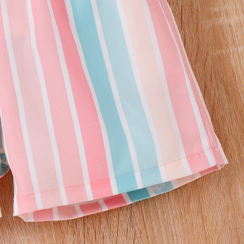 2pcs Kid Girl Flutter-sleeve Ribbed Short-sleeve Top and Belted Stripe Shorts Set Pink big image 6
