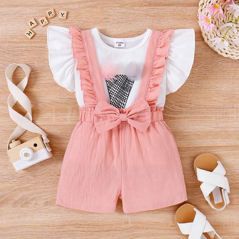 2pcs Toddler Girl Sweet Flutter-sleeve Tee and Ruffle Trim Bow Suspender Shorts Set
