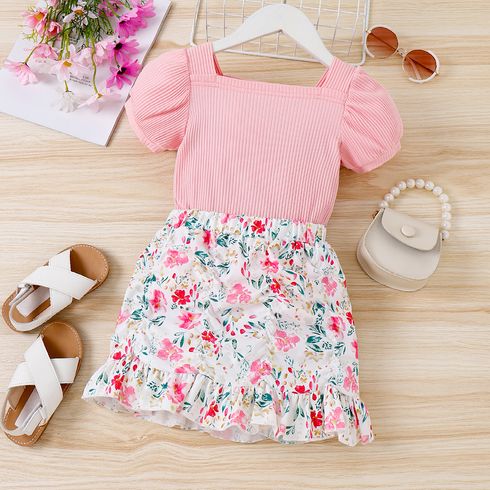 2pcs Toddler Girl Sweet Solid Puff Sleeve Ribbed Cotton Top and Floral Print Skirt Set