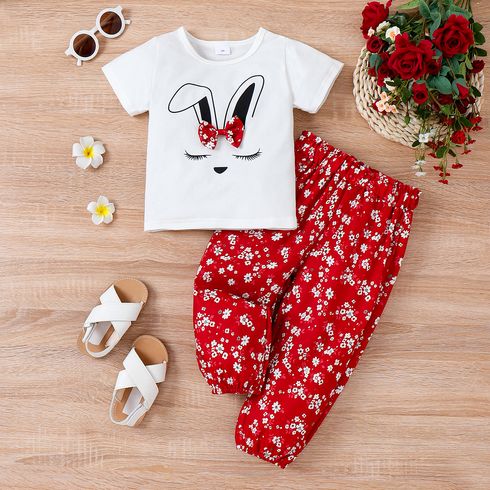 2pcs Toddler Girl Sweet Bow Decor Rabbit Print Tee and Floral Print Pants Set White big image 1