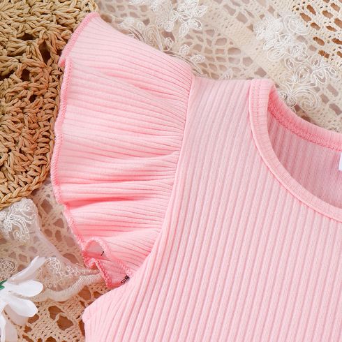 2pcs Kid Girl Flutter-sleeve Ribbed Short-sleeve Top and Belted Stripe Shorts Set Pink big image 2