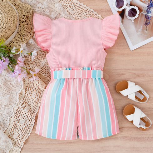 2pcs Kid Girl Flutter-sleeve Ribbed Short-sleeve Top and Belted Stripe Shorts Set Pink big image 5