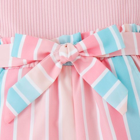 2pcs Kid Girl Flutter-sleeve Ribbed Short-sleeve Top and Belted Stripe Shorts Set Pink big image 3