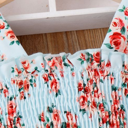 Baby Girl Floral Print Flutter-sleeve Belted Smocked Romper Blue big image 6
