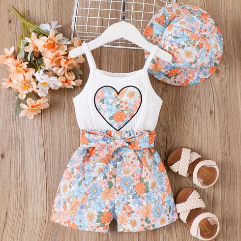 2pcs Toddler Girl Floral Print Heart Embroidered Belted Cami Romper with Hat