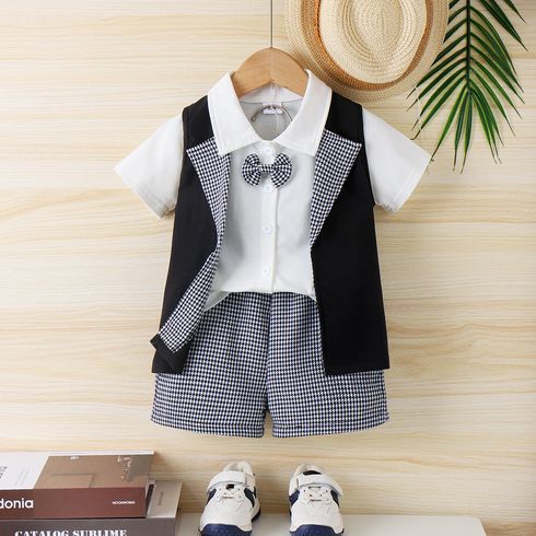 3pcs Toddler Boy Houndstooth Vest Blazer & Shorts & Bow Tie Shirt Set