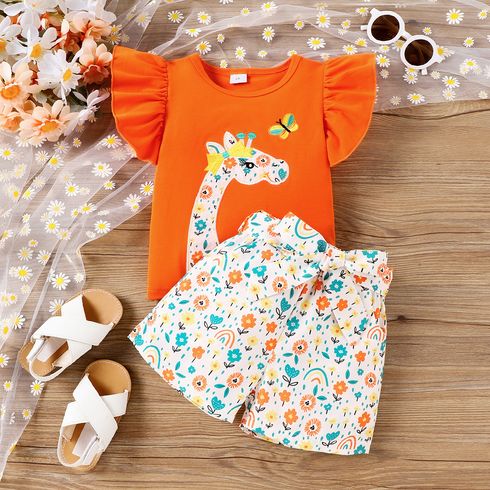 2pcs Toddler Girl Giraffe Pattern Ruffle Top and Allover Floral Print Belted Shorts Set