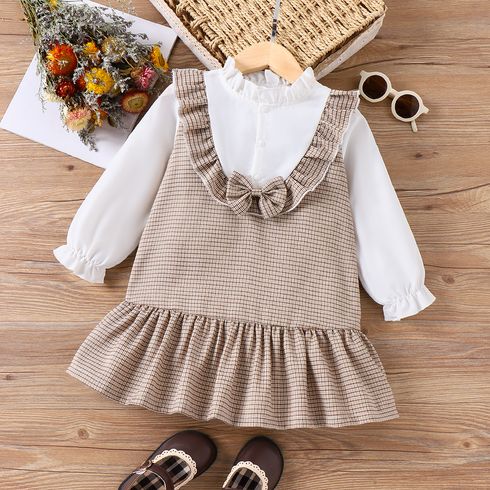 Toddler Girl Bow Decor Plaid Ruffle Long-sleeve Dress