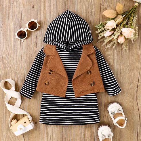 2pcs Baby Girl Stripe Long-sleeve Hooded Dress and Vest Jacket Set  