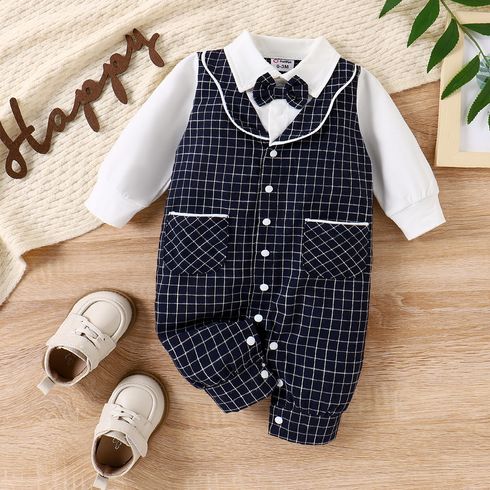 Baby Boy Bow Tie Plaid Shirt Jumpsuit