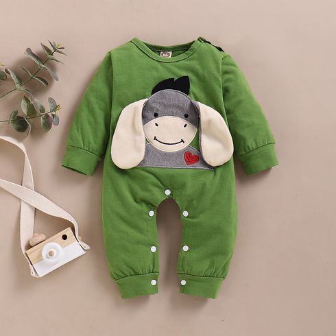 Donkey Embroidery 3D Ear Design Long-sleeve Green Baby Jumpsuit Green big image 2