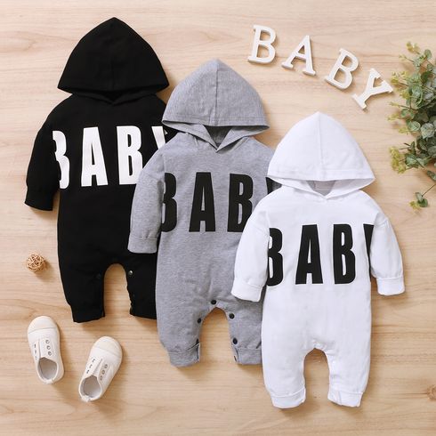Letter Print Hooded Long-sleeve Baby Jumpsuit
