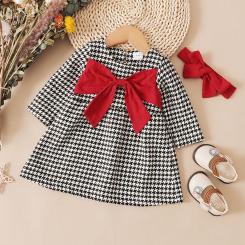 Baby 2pcs Cashmere Wool Houndstooth Plaid Long-sleeve Bowknot Dress