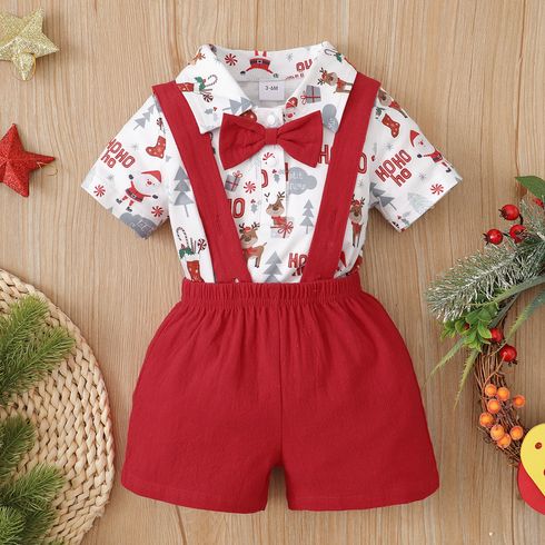 2pcs Baby Red Christmas All Over Print Short-sleeve Shirt Romper and Overalls Shorts Set
