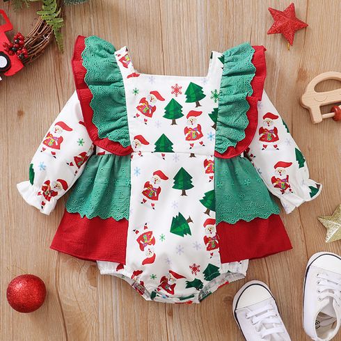Christmas All Over Santa and Tree Print Color Block Ruffle Baby Romper