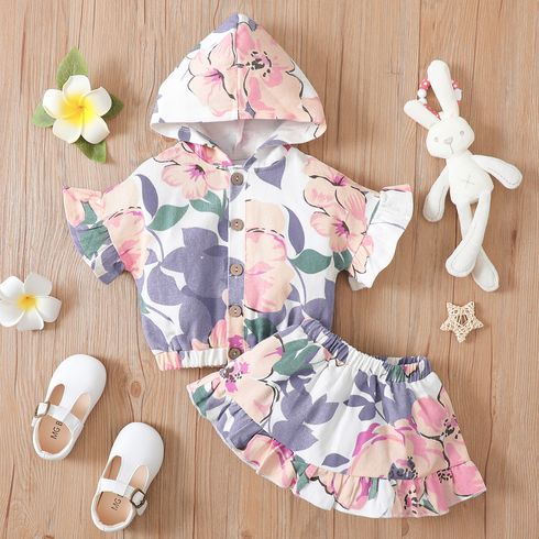 Denim 2pcs Baby Girl Button Design Floral Print Flare-sleeve Hooded Top and Ruffle Skirt Set
