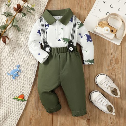 2pcs Baby Boy Allover Dinosaur Print Contrast Collar Long-sleeve Top and Suspender Pants Set