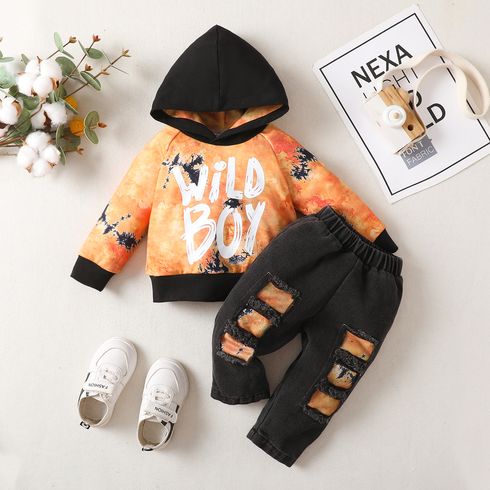 2pcs Baby Boy Letter Print Tie Dye Long-sleeve Hoodie and Ripped Jeans Set