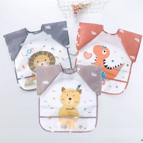 Cartoon Animals Pattern Short-sleeve Baby Smock Bib Waterproof Toddler Eating Clothes Bib for 1-3 Years Old