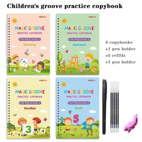 4-pack Kids Magic Reusable Practice Copybooks Grooves Template Design and Handwriting Aid with Pen (Drawing Alphabet Number Math)