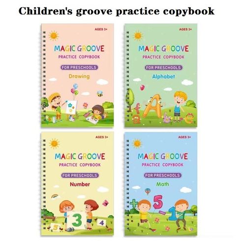4-pack Kids Magic Reusable Practice Copybooks Grooves Template Design and Handwriting Aid (Drawing Alphabet Number Math)