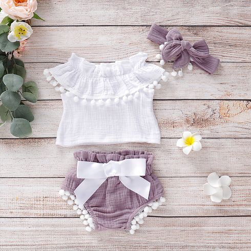 3pcs Baby Girl 95% Cotton Crepe Pompon Decor Flounced Collar Flutter-sleeve Set