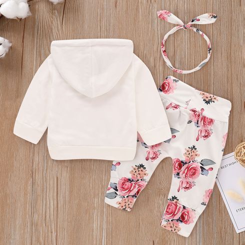 3pcs Baby Girl 95% Cotton Long-sleeve Hoodie and Floral Print Pants with Headband Set White big image 2