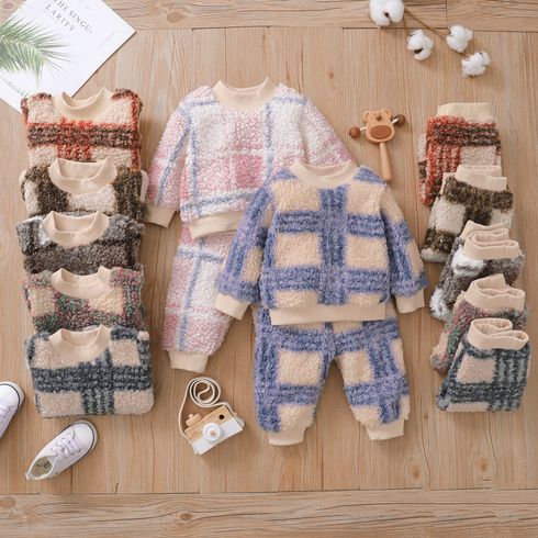 2-piece Baby Boy Plaid Fuzzy Sweatshirt and Pants Casual Set