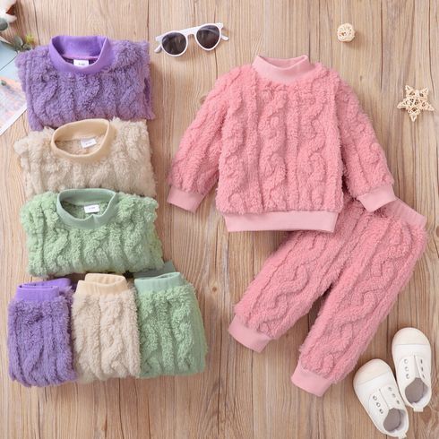 2pcs Baby Girl Solid Fuzzy Fleece Long-sleeve Pullover and Trousers Set