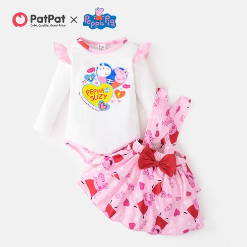 Peppa Pig 2pcs Baby Girl Heart Print Long-sleeve Romper and Layered Suspender Skirt Set