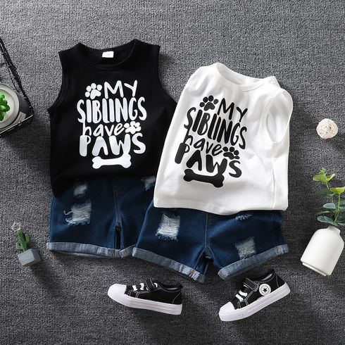 2pcs Toddler Casual Ripped Denim Shorts and Letter Print Sleeveless Tee set