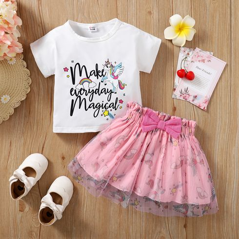 2pcs Toddler Girl Letter Unicorn Rainbow Print Short-sleeve White Tee and Bowknot Mesh Design Pink Skirt Set