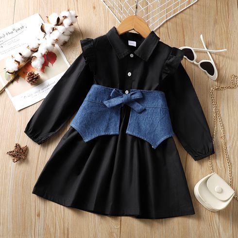2pcs Toddler Girl 100% Cotton Lapel Collar Button Design Black Dress and Denim Waist Corset Set