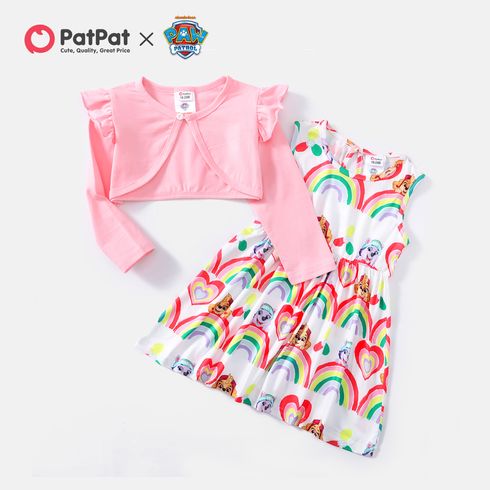 PAW Patrol 2pcs Toddler Girl Rainbow Print Sleeveless and Ruffled Pink Cotton Cardigan Set
