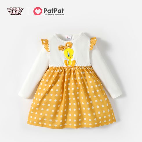 Looney Tunes Toddler Girl Polka dots Splice Ruffled Long-sleeve Cotton Dress